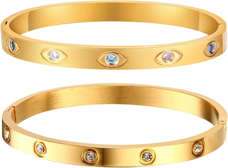 MPRAINBOW Gold Bracelets for Women, 2Pcs 18K Gold Plated Cubic Zirconia Bangle Crystal Friendship Bracelet Jewelry,Wedding Party Christmas Birthday Gifts for Her Girlfriend Sister Daughter - Image 1